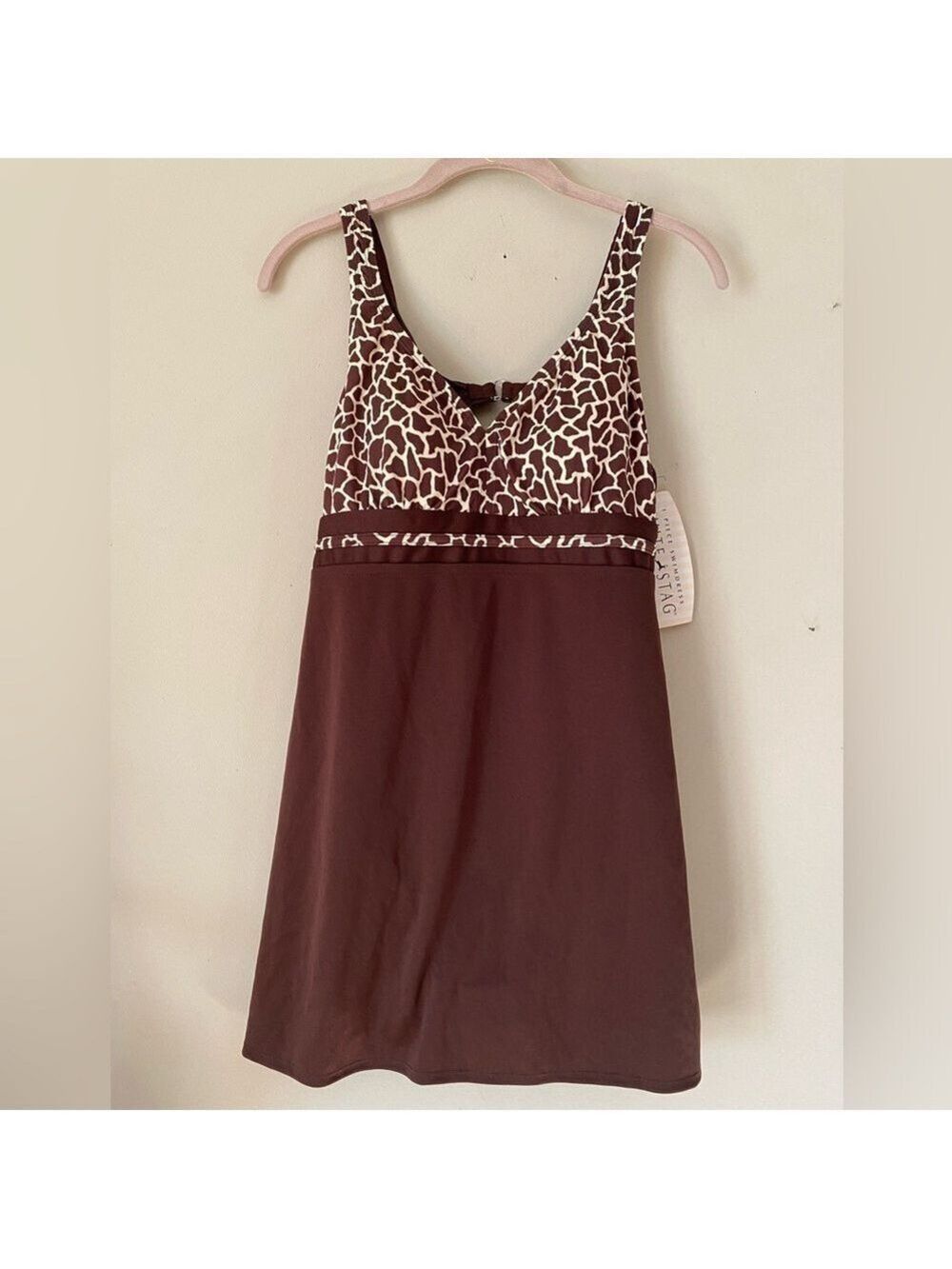 White Stag Brown Animal Print Skirted Bathing Suit M NWT